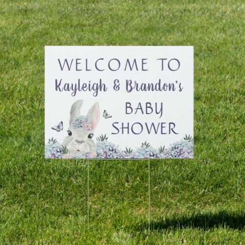 Cute Bunny Watercolor Floral Purple Baby Shower Sign