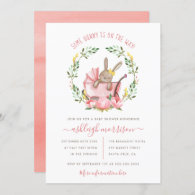 Cute Bunny & Watercolor Flowers Girl Baby Shower Invitation