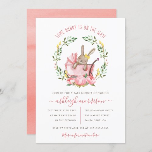 Cute Bunny  Watercolor Flowers Girl Baby Shower Invitation