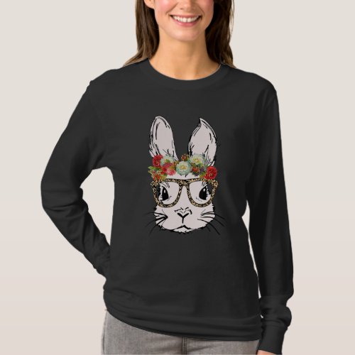 Cute Bunny Wearing Glasses Leopard Plaid Flower Ea T_Shirt