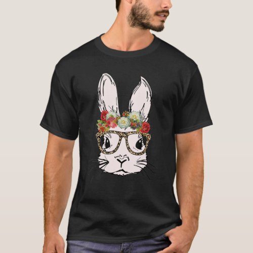 Cute Bunny Wearing Glasses Leopard Plaid Flower Ea T_Shirt
