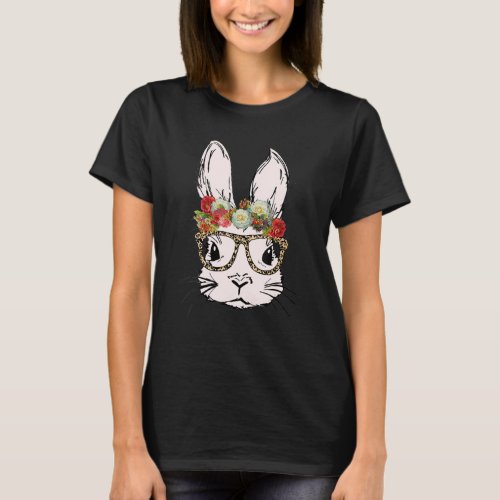 Cute Bunny Wearing Glasses Leopard Plaid Flower Ea T_Shirt
