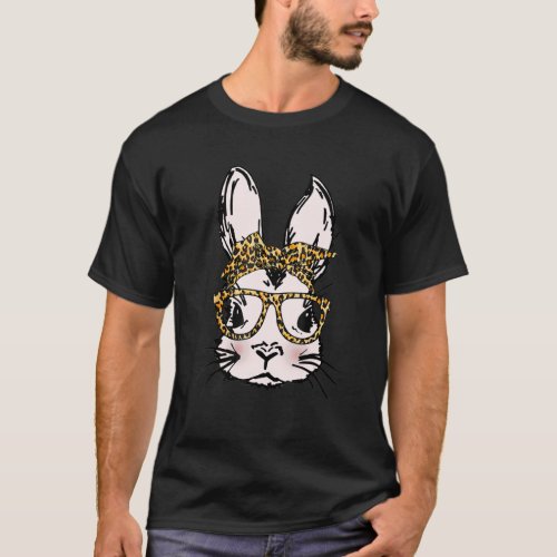 Cute Bunny Wearing Glasses Leopard Plaid Printed E T_Shirt