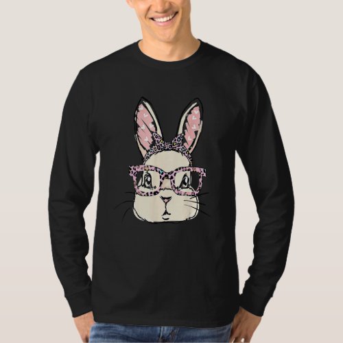 Cute Bunny Wearing Glasses Pink Leopard Easter Day T_Shirt