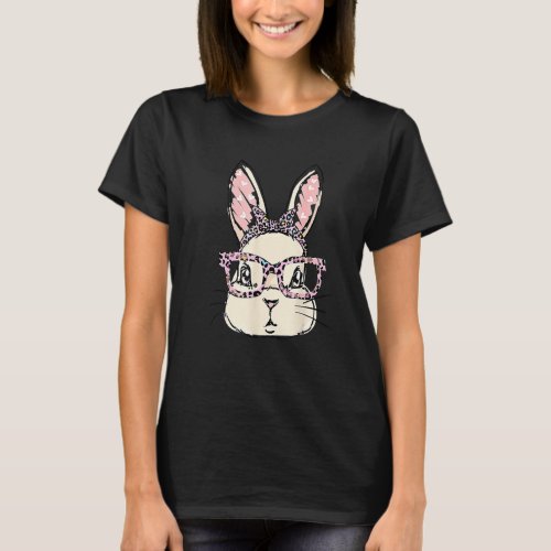 Cute Bunny Wearing Glasses Pink Leopard Easter Day T_Shirt