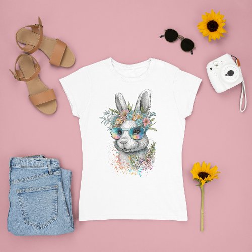 Cute Bunny Wearing Glasses Watercolor Easter Day T_Shirt