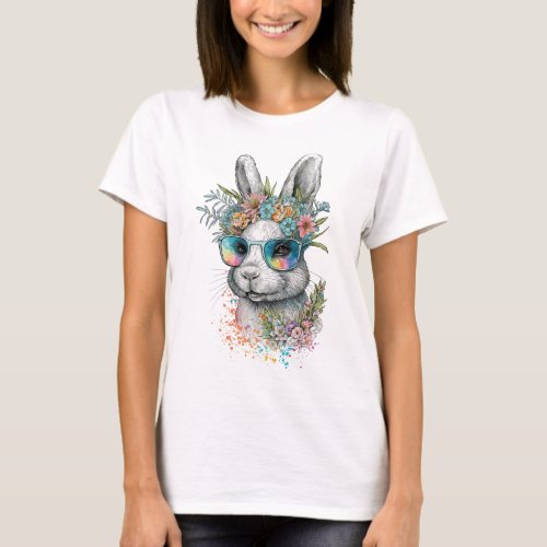 Cute Bunny Wearing Glasses Watercolor Easter Day T_Shirt