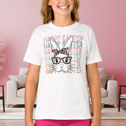 Cute Bunny Wearing Leopard Glasses Bandana Easter T_Shirt
