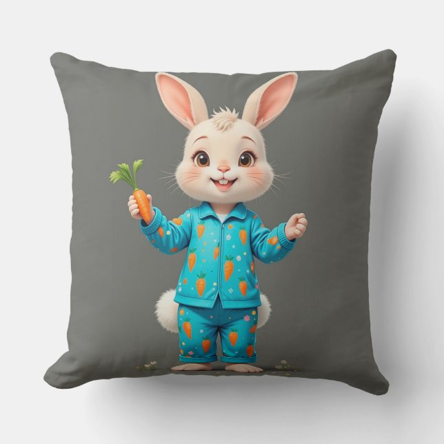 Cute Bunny Wearing Pajamas Holding a Carrot Throw Pillow (Front)