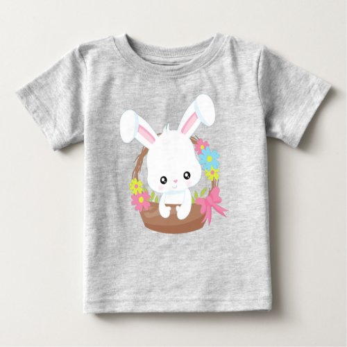 Cute Bunny White Bunny Rabbit Basket Flowers Baby T_Shirt