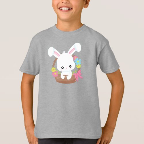 Cute Bunny White Bunny Rabbit Basket Flowers T_Shirt