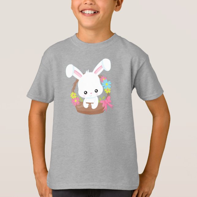 Cute Bunny, White Bunny, Rabbit, Basket, Flowers T-Shirt (Front)