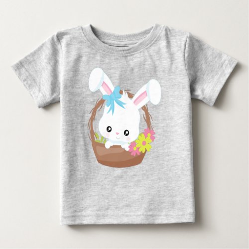Cute Bunny White Bunny Rabbit Flowers Basket Baby T_Shirt