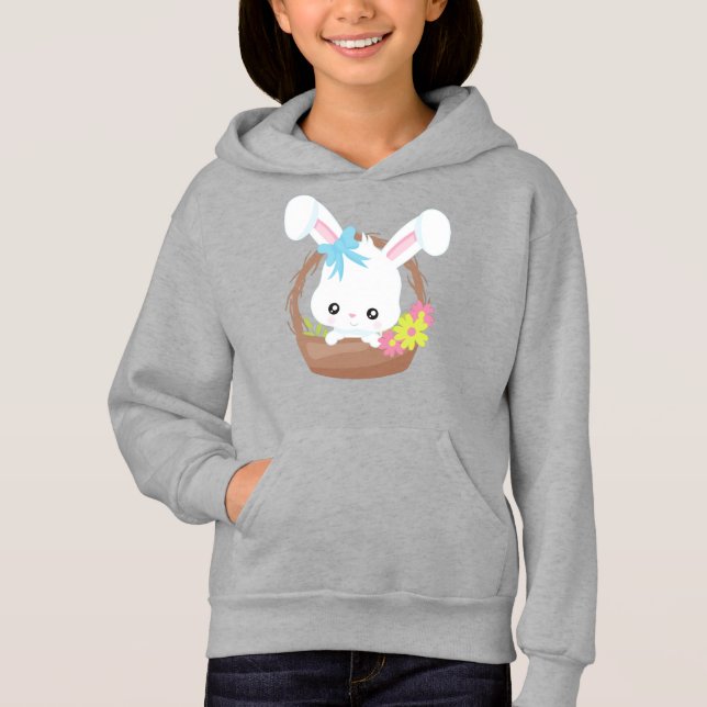 Cute Bunny, White Bunny, Rabbit, Flowers, Basket Hoodie (Front)