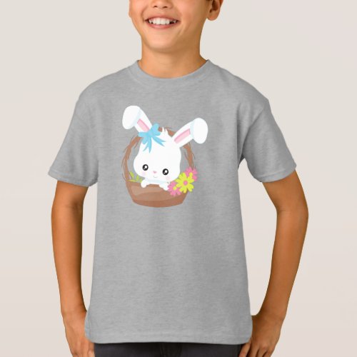 Cute Bunny White Bunny Rabbit Flowers Basket T_Shirt