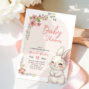 Cute Bunny Wildflower Pink Bow Baby Shower Invitation