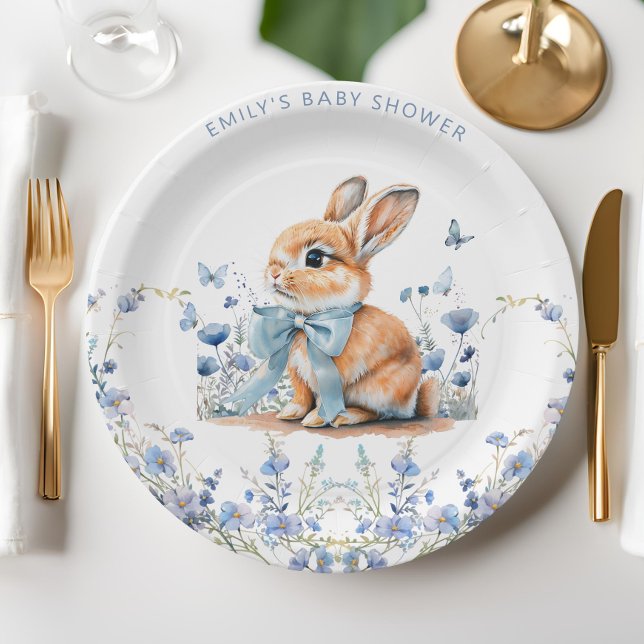 Cute Bunny Wildflowers Baby Shower Boy Paper Plates (Creator Uploaded)