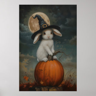 Cute Bunny Witch on Pumpkin Art Printable Poster