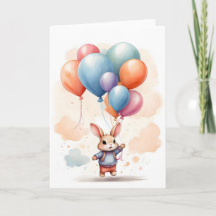 Cute Bunny with Balloons Watercolor Blank Greeting Card