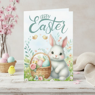 Cute Bunny With Basket Custom Happy Easter Holiday Card