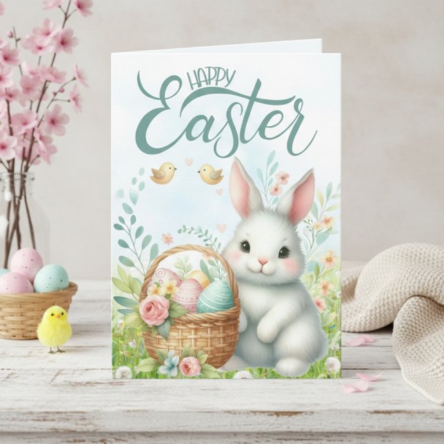 Cute Bunny With Basket Custom Happy Easter Holiday Card (Cute Bunny With Basket Custom Happy Easter Holiday Card)