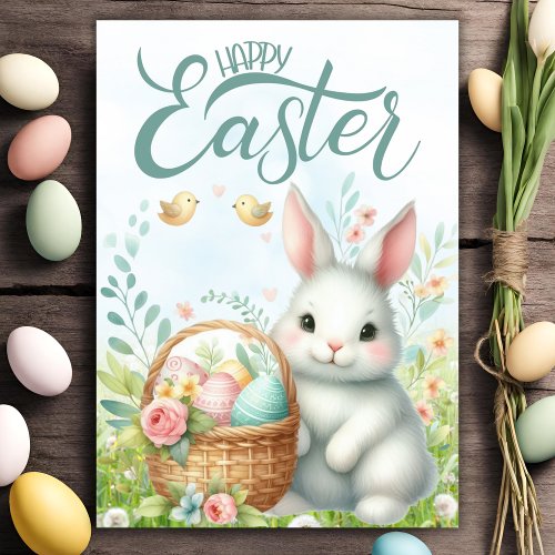 Cute Bunny With Basket Custom Happy Easter Holiday Card