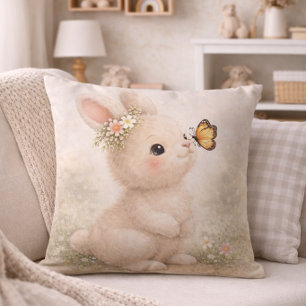 Cute Bunny With Butterfly Neutral Nursery Throw Pillow
