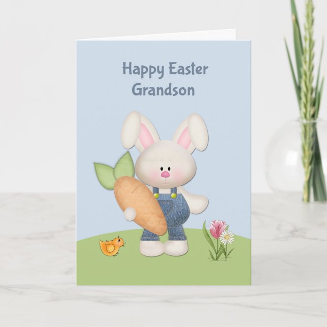 Cute Bunny with Carrot, Grandson, Easter Holiday Card (Front)