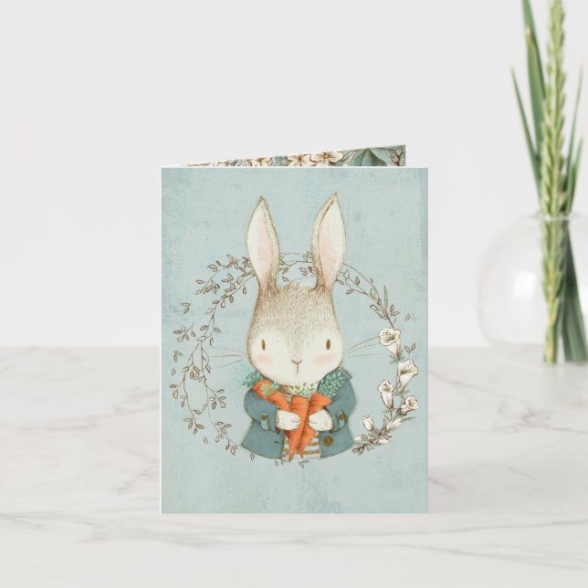 Cute Bunny with Carrots Easter Card (Front)