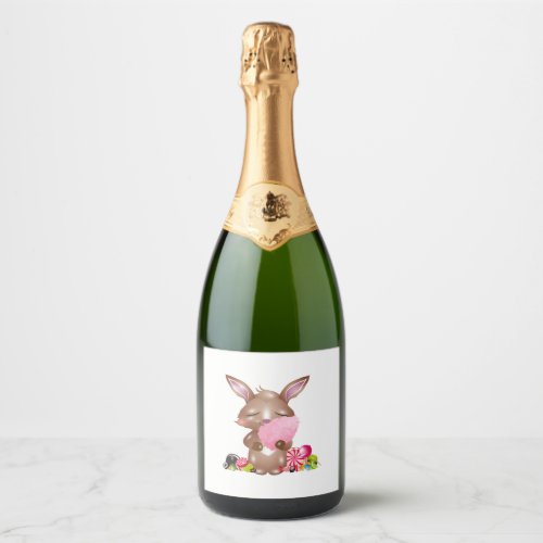 cute bunny with cotton candy and sweets sparkling wine label