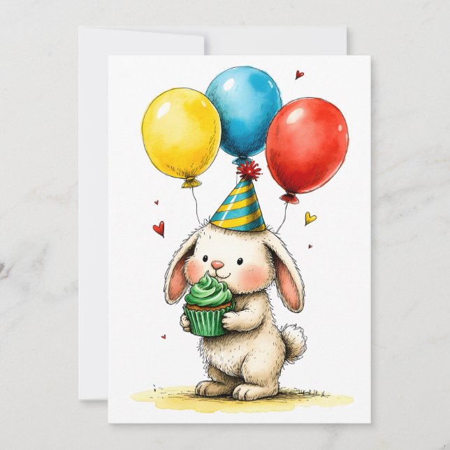 Cute Bunny with Cupcake Kid's Happy Birthday Card (Front)