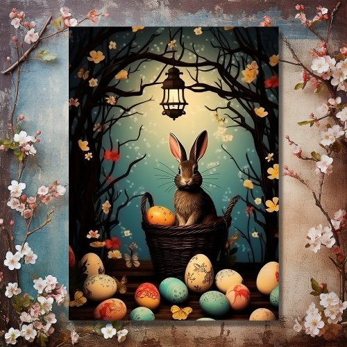 Cute Bunny with Easter Eggs and Spring Flowers Holiday Card