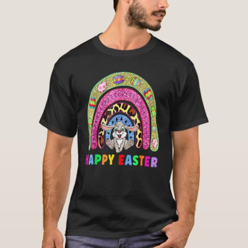 Cute Bunny With Easter Eggs Hunters Rainbow Happy  T_Shirt