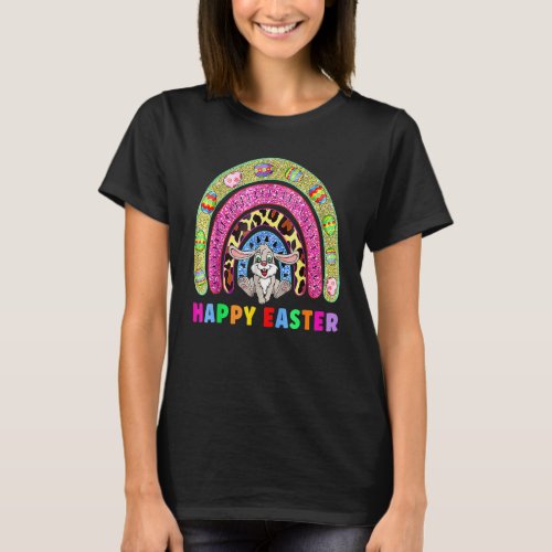 Cute Bunny With Easter Eggs Hunters Rainbow Happy  T_Shirt