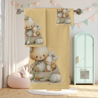 cute bunny with Easter eggs in a flower meadow Bath Towel Set