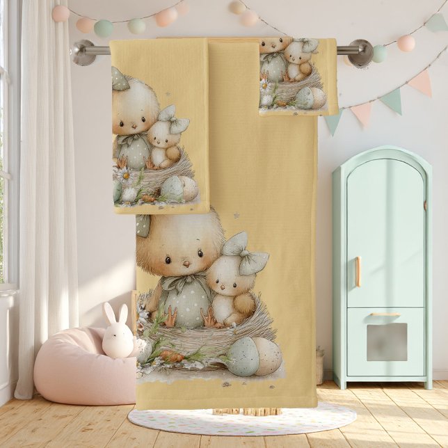 cute bunny with Easter eggs in a flower meadow Bath Towel Set (Creator Uploaded)