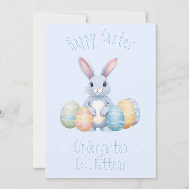 Cute Bunny With Easter Eggs Kindergarten Kids Blue Holiday Card (Front)