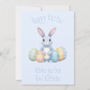 Cute Bunny With Easter Eggs Kindergarten Kids Blue Holiday Card
