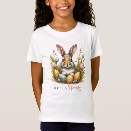 Cute bunny with eggs and tulips Hello Spring T_Shirt