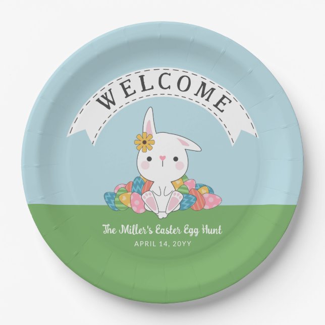 Cute Bunny with Eggs Easter Egg Hunt & Brunch Paper Plates (Front)