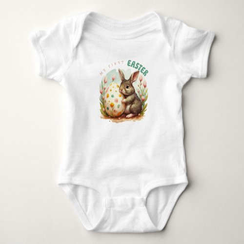 Cute bunny with eggs tulips My first Easter Baby Bodysuit