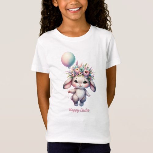 Cute bunny with floral wreath and balloon Easter T_Shirt