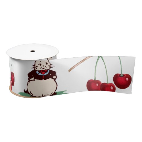Cute Bunny with flowers and Cherries Satin Ribbon
