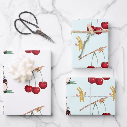 Cute Bunny with flowers and Cherries Wrapping Paper Sheets