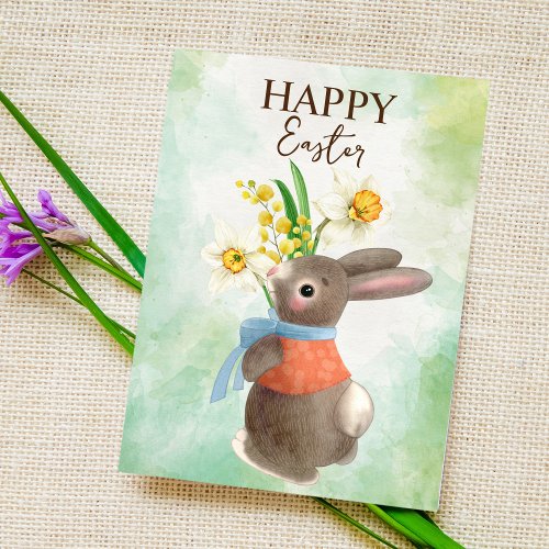 Cute bunny with flowers happy Easter  Postcard