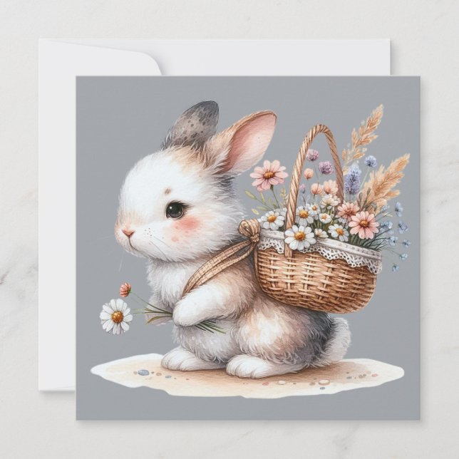 Cute Bunny with Flowers Watercolor Art Card (Front)