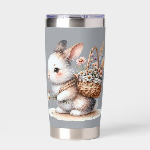 Cute Bunny with Flowers Watercolor Art Insulated Tumbler