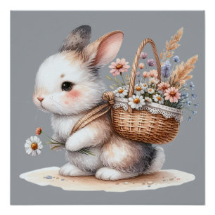 Cute Bunny with Flowers Watercolor Art Poster
