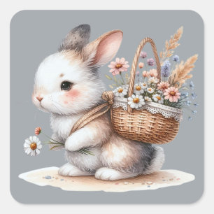 Cute Bunny with Flowers Watercolor Art Square Sticker