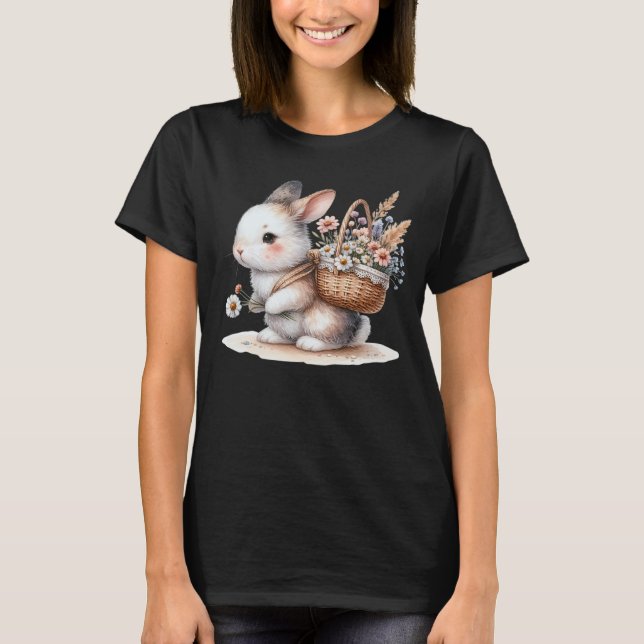 Cute Bunny with Flowers Watercolor Art T-Shirt (Front)